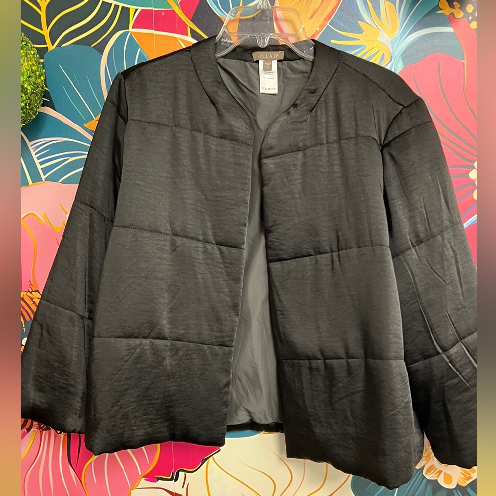 Lilla P Quilted Collarless Jacket — Black, Neutral Charcoal, Cozy Chic, Large